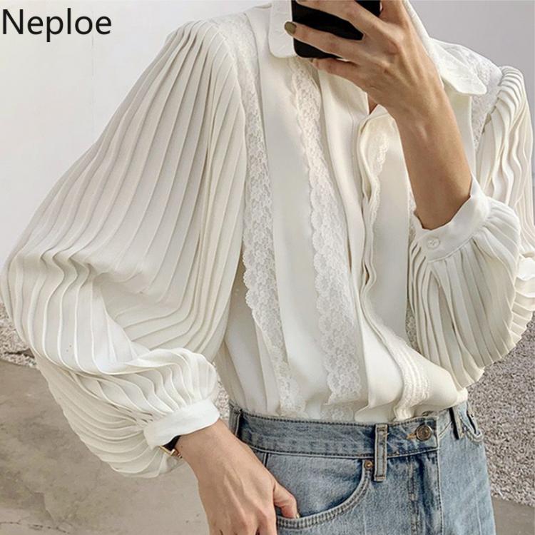 all in one place בגדי נשים Neploe Temperament Blouses Women Korean Chic Shirts Turn-down Collar Heavy Lace Pleated Tops Mujer Lantern Sleeve Elegant Blusas
