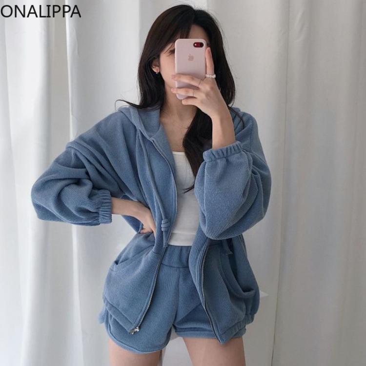 all in one place בגדי נשים ONALIPPA Sports Sets 2021 Autumn Korean Simple Versatile Hooded Puff Sleeve Zipper Design Sweatshirt Casual High Waist Shorts