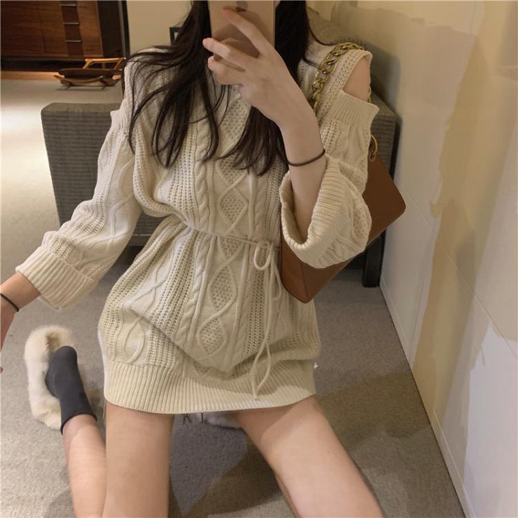 all in one place בגדי נשים HziriP Korean Off Shoulder Sweater O-Neck Solid Knitting Sweater Lace Up Women All-Match 2021 New Winter Casual Fashion Gentle