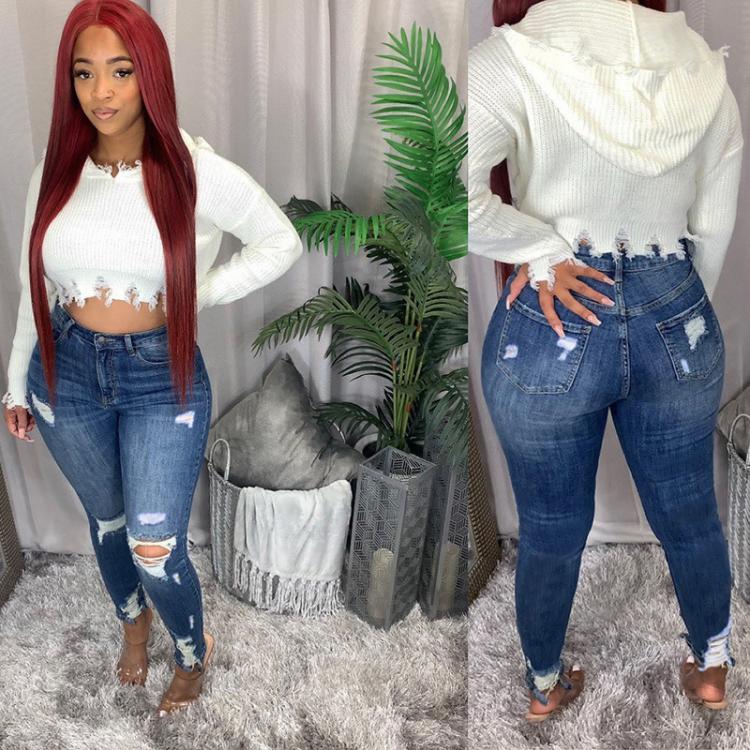 all in one place בגדי נשים Plus Size Light Blue Ripped Jeans for Women Street Style Sexy Mid Rise Distressed Trouser Stretch Skinny Hole Denim Pencil Pants