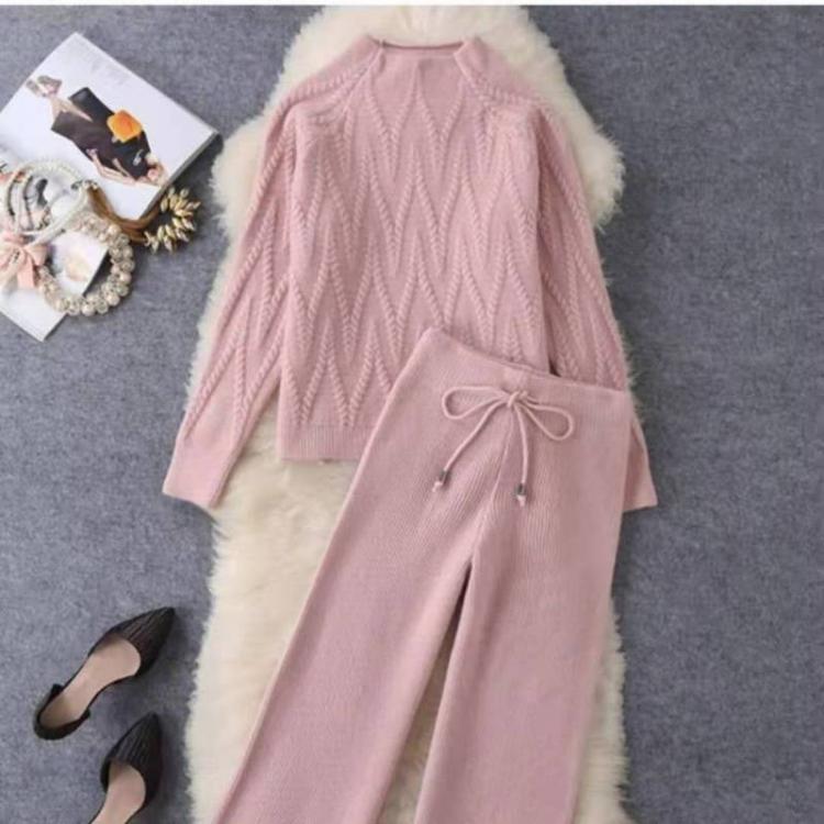 all in one place בגדי נשים Solid Fashion Autumn Winter Knitted Matching Sets Pink Half High Collar Pullover Sweater Tops Wide Leg Knitting Pants All-match
