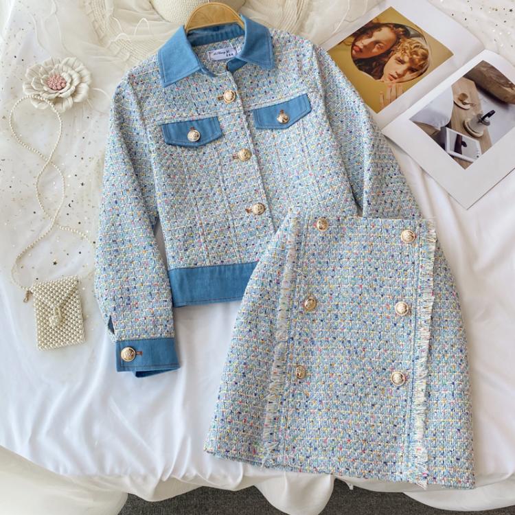 all in one place בגדי נשים Fall Winter Tweed Two Piece Set Women Crop Top Denim Stitched Short Jacket Coat + Skirts Sets High Quality Vintage 2 Piece Suits