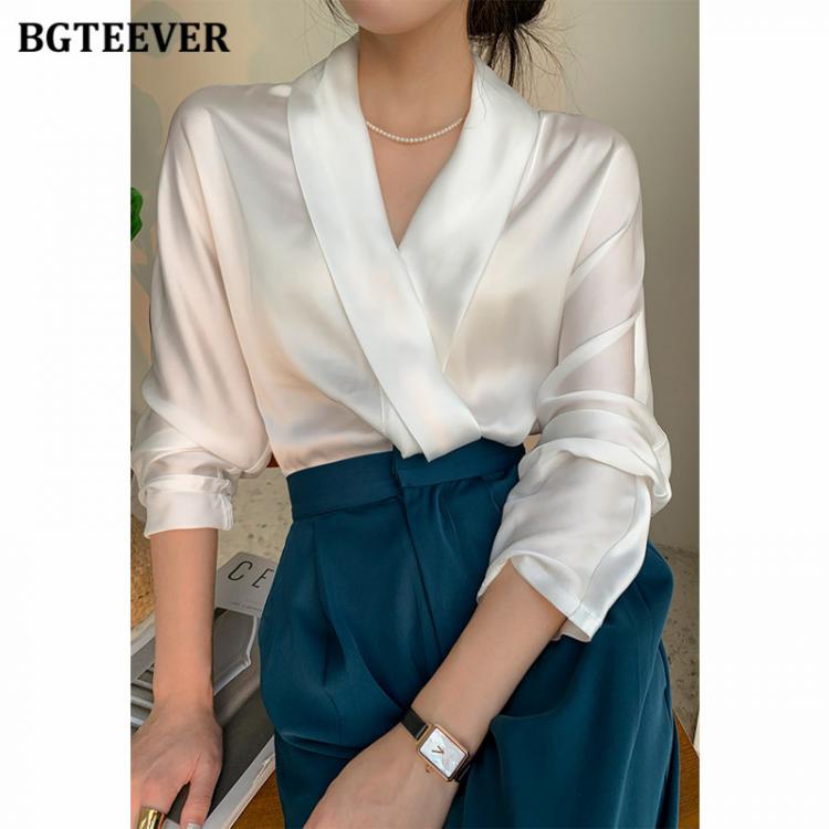 all in one place בגדי נשים BGTEEVER Elegant V-neck Satin Women Blouses 2021 Autumn Ladies Blusas Full Sleeve Loose Office Wear Female Shirts Tops