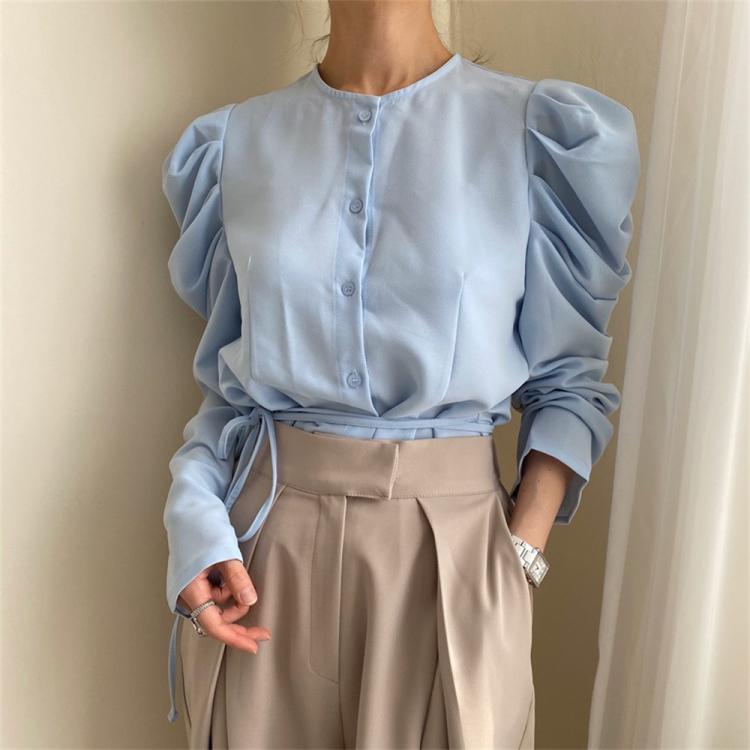 all in one place בגדי נשים HziriP O-Neck Puff Sleeve Women Tops Solid Office Wear Hot Loose Slim-Fit Autumn 2021 Full Sleeve OL Elegant Gentle Shirts
