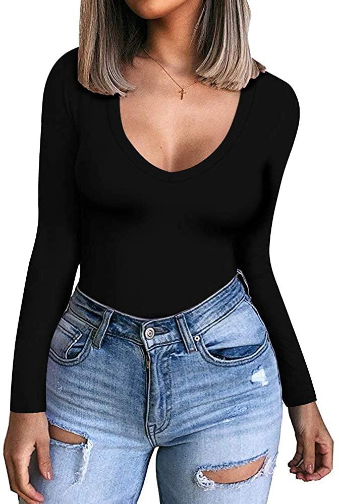 all in one place בגדי נשים CLOZOZ Womens V Neck Long Sleeve Fitted T-Shirt Basic Tee Tops