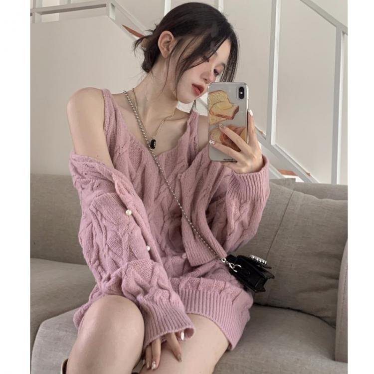 all in one place בגדי נשים Korean Chic Sweet Knitted Pink Twist Suspender Dress Mini Loose Autumn Sweater Sets V Neck Pink Knit Cardigan Crop Jacket