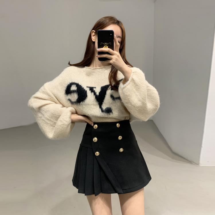 all in one place בגדי נשים Autumn Loose O Neck Lantern Sleeve Knitted Sweater Letter Print Tops Woolen Irregular Pleated Skirt Shorts Fashion Retro Sets