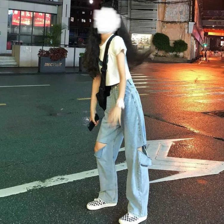 all in one place בגדי נשים Chic Elegant Chic Hong Kong Style High Waist Jeans Women's Summer Loose Design Small Slimming Versatile Ripped Pants