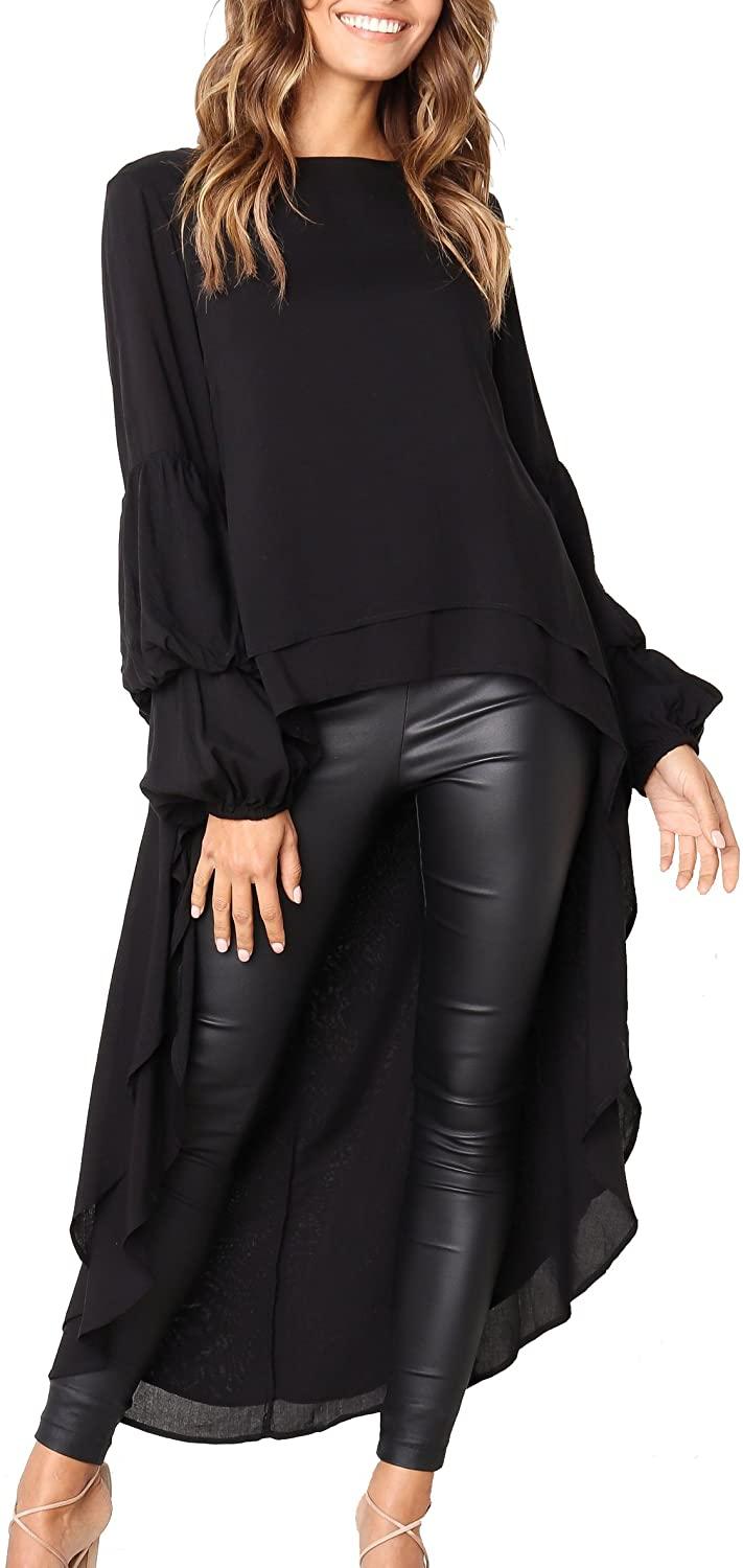 all in one place בגדי נשים PRETTYGARDEN Women's Lantern Long Sleeve Round Neck High Low Asymmetrical Irregular Hem Casual Tops Blouse Shirt Dress