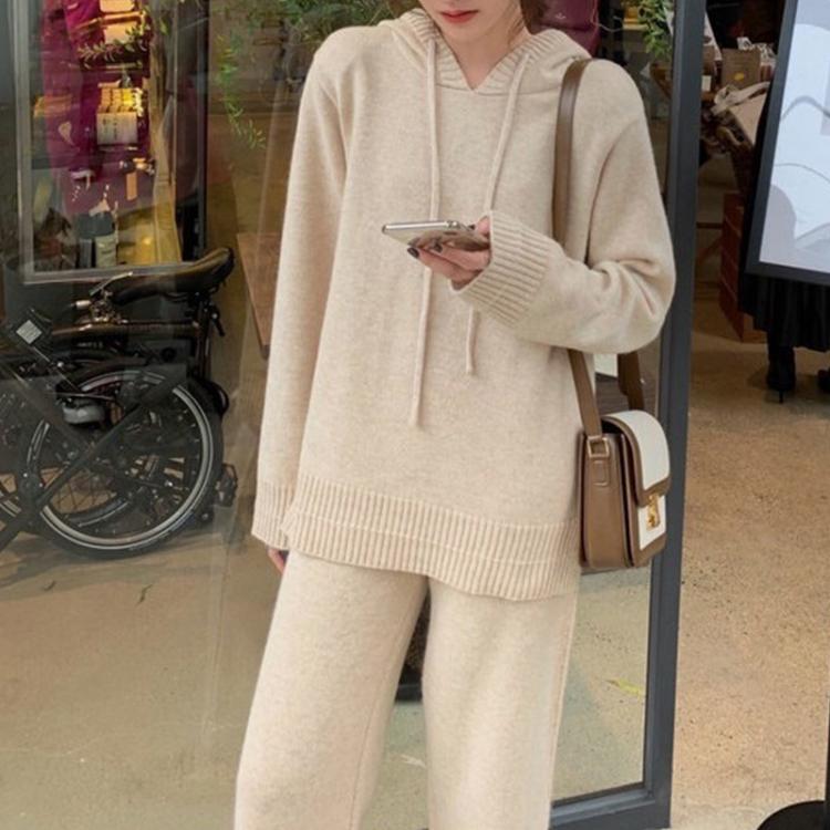 all in one place בגדי נשים Apricot Woolen 2 Piece Sets Woman Autumn Hooded Sweater and Wide Leg Pants Female Korean Fashion Knitted Pants Sets Winter