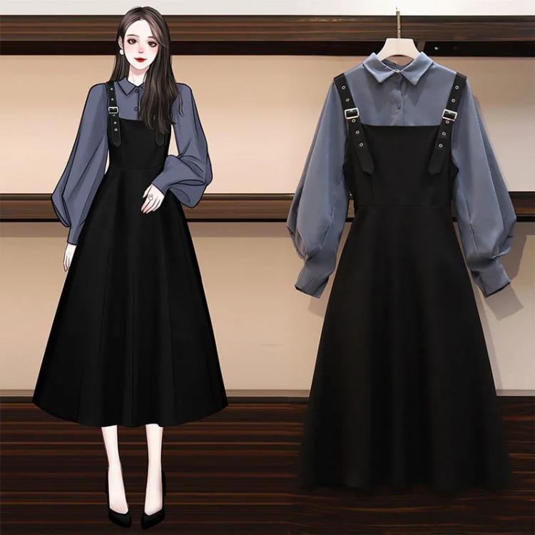 all in one place בגדי נשים Autumn suit sling dress female plus size new fashion casual lantern sleeve shirt mid-length black sling dress two-piece suit