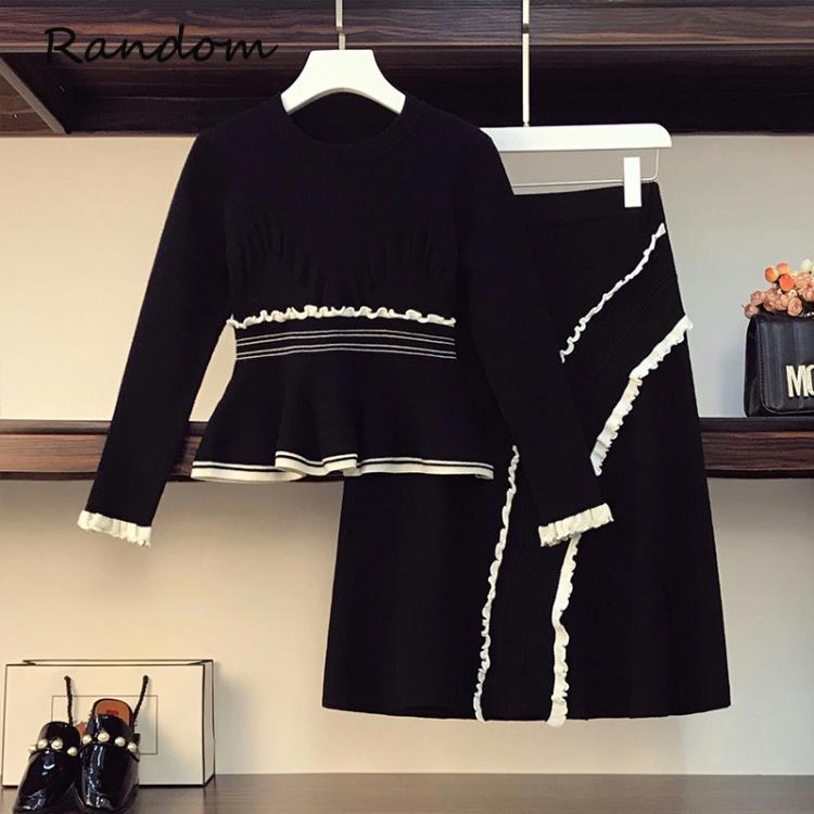 all in one place בגדי נשים Fall Winter 2021 New Women Knitted Suit Pullover Sweater Top And High Waist Knee Skirt Knit Two Piece Set White Ruff Black Cloth