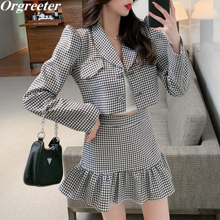 all in one place בגדי נשים Autumn New Houndstooth Blazer Crop Outwear Mermaid Skirt Two piece set Women Short Coat High waist Mini Skirt Streetwear Sets