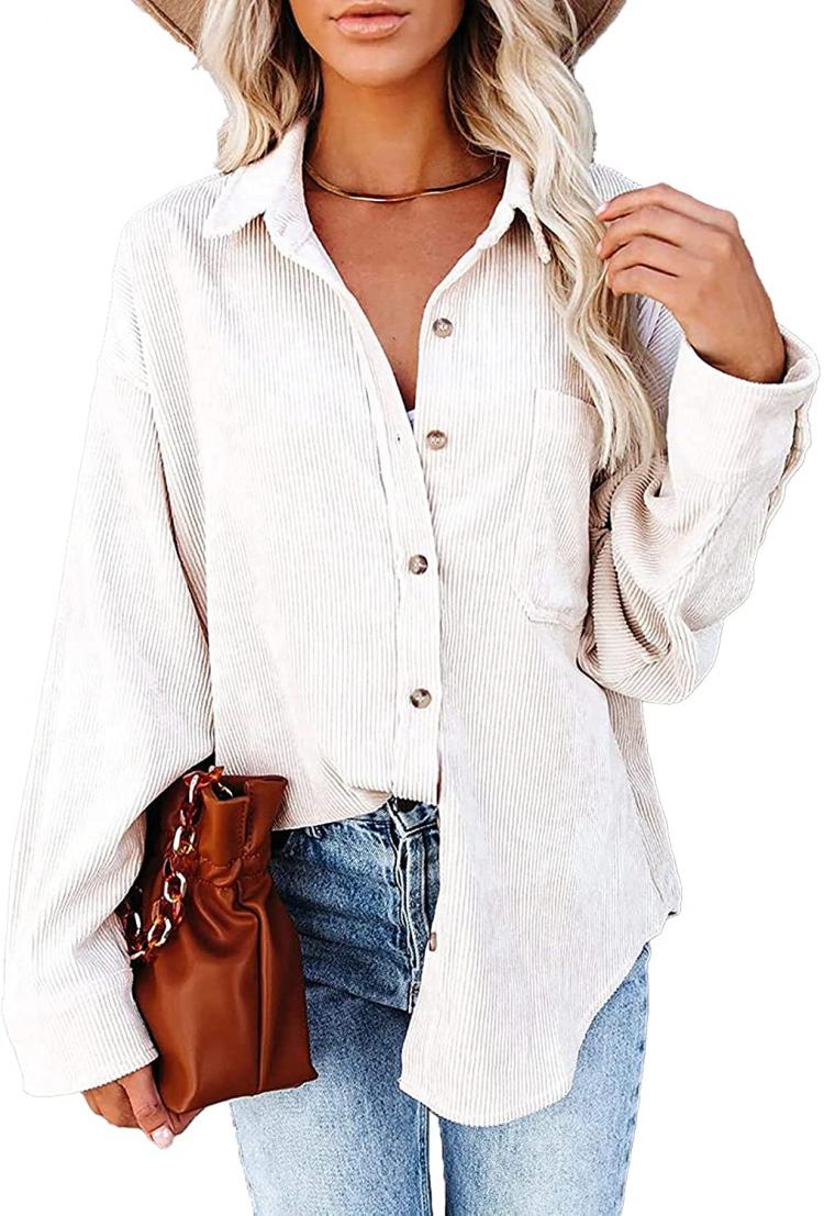 all in one place בגדי נשים Women's Corduroy Button Down Pocket Shirts Casual Long Sleeve Oversized Blouses Tops