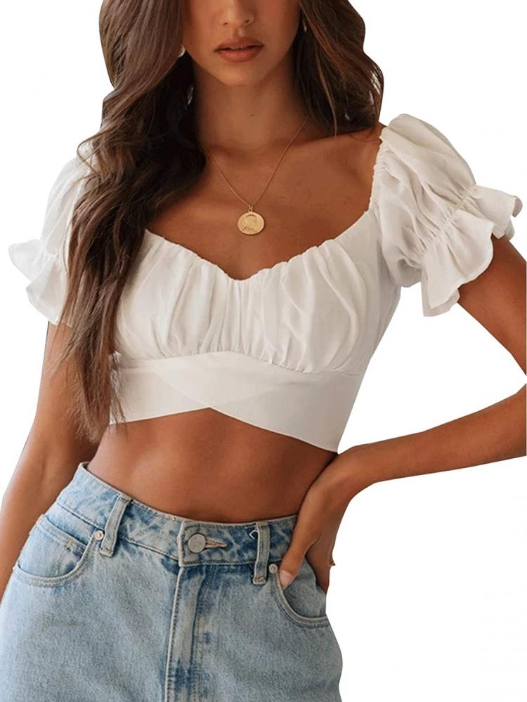 all in one place בגדי נשים LYANER Women's Ruffle Short Sleeve Tie Up Back Crop Top Off Shoulder Bardot Blouse