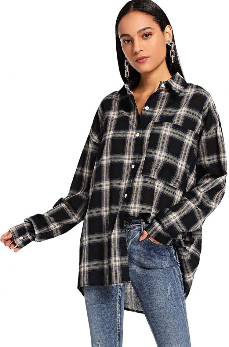 all in one place בגדי נשים SweatyRocks Women's Long Sleeve Collar Long Button Down Plaid Shirt Blouse Tops