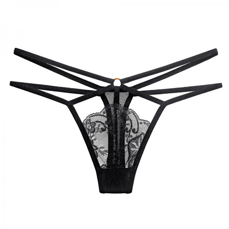 all in one place בגדי נשים Sexy Hollow Perspective Women's Underwear Lace Fashion Cross Belt Thong Metal Ring Decoration T Pants Embroidery Thong Pantie