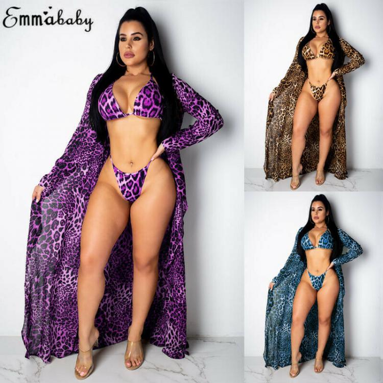 all in one place בגדי נשים 3pcs Women Purple Leopard Print Bikini Set Swimwear Long Sleeve Kimono Cover Up Cardigan Beach Bathing Dress Swimsuit Sets