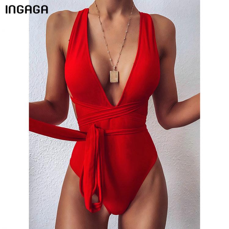 all in one place בגדי נשים INGAGA Sexy Plunging Swimsuit One Piece Red Swimwear Women 2021 Criss Cross Beachwear Summer Backless Bathing Suit Women Belted