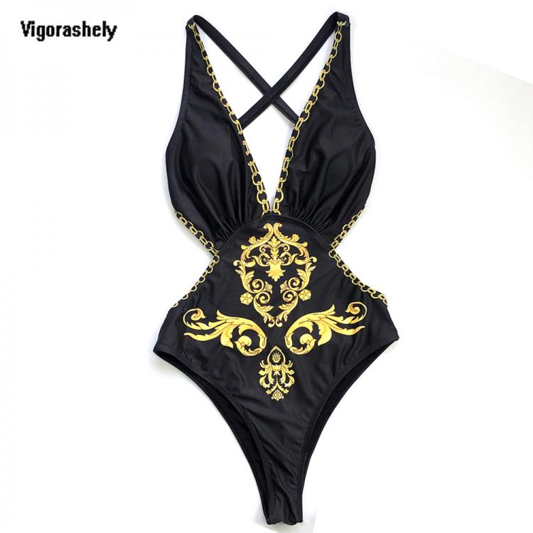 all in one place בגדי נשים Vigoashely Sexy Black Print Swimwear Women Vintage One Piece Swimsuit Female 2021 Bandage Monokini Deep V Bathing Suit Swim Wear