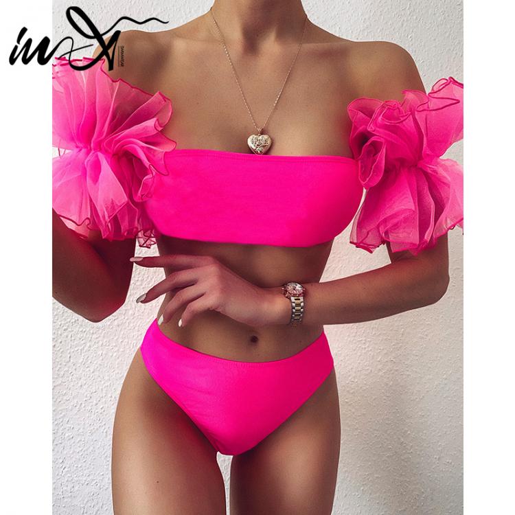 all in one place בגדי נשים In-X Mesh ruffle swimsuit female Sexy bandeau bikini 2021 Strapless swimwear women High waist bikini set Black pink bathing suit