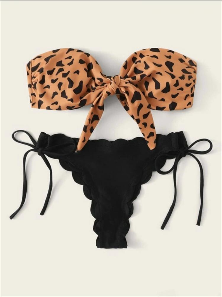 all in one place בגדי נשים Beach Bikini 2020 Woman Sexy Front Lace Up Tie Strapless Leopard Swimsuit Female Push Up Ruffled Bow Bathing Suit Thong Swimwear