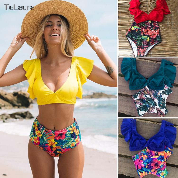 all in one place בגדי נשים Ruffle High Waist Bikini 2020 Swimwear Women Swimsuit Push Up Bikinis Women Biquini Print Swimsuit Female Beachwear Bathing Suit