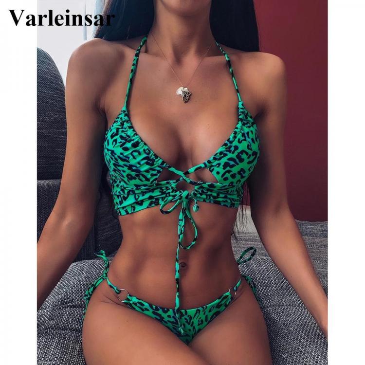 all in one place בגדי נשים Sexy High Cut Thong Leopard Bikini Women Swimwear Female Swimsuit Two-pieces Bikini set Lace Up Bather Bathing Suit Swim V1708