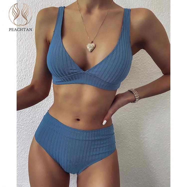 all in one place בגדי נשים Peachtan Sexy solid ribbed bikinis 2021 mujer High waist swimsuit women V neck swimwear female Sport bathing suit Stripe biquini