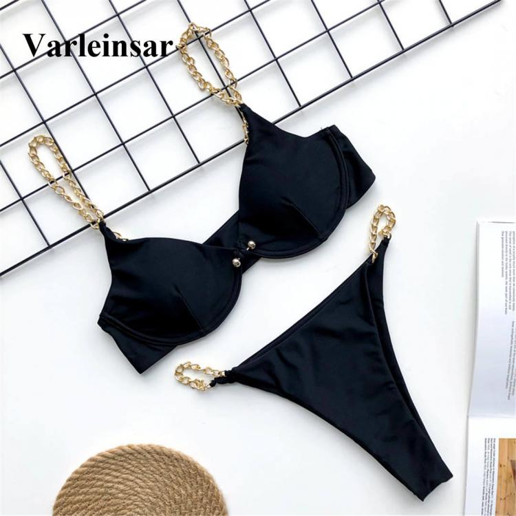 all in one place בגדי נשים Sexy High Cut Golden Chain Bikini Women Swimwear Female Swimsuit Two-pieces Bikini set Underwired Bather Bathing Suit Swim V1646