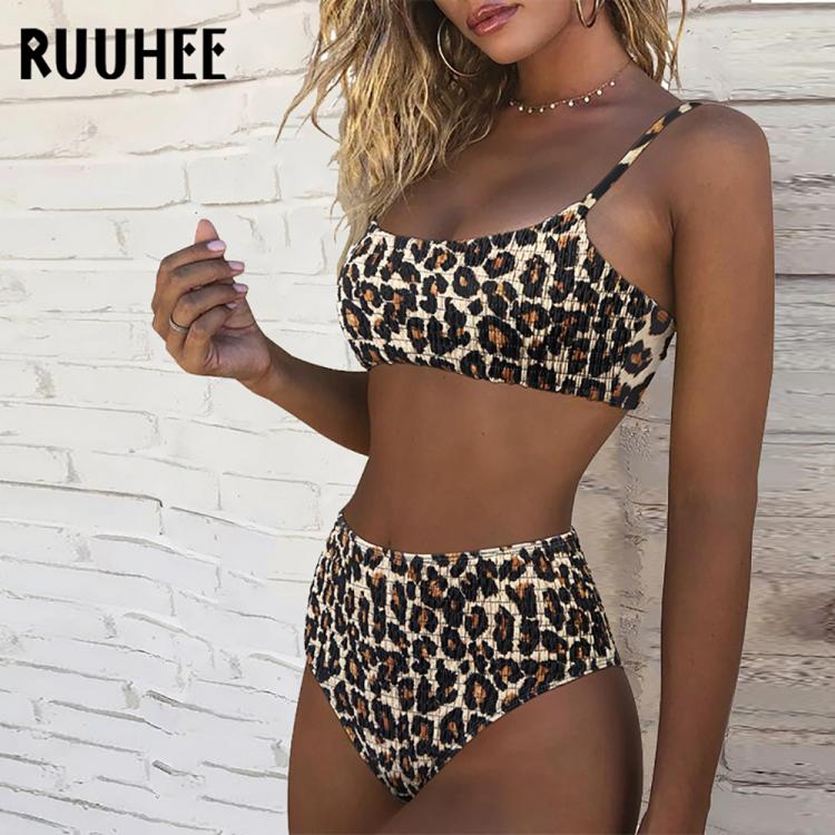 all in one place בגדי נשים RUUHEE Leopard Swimsuit Women Push Up Bikini 2021 Shirred High Waist Swimwear Female Biquini Brazilian Swimming Bathing Suit