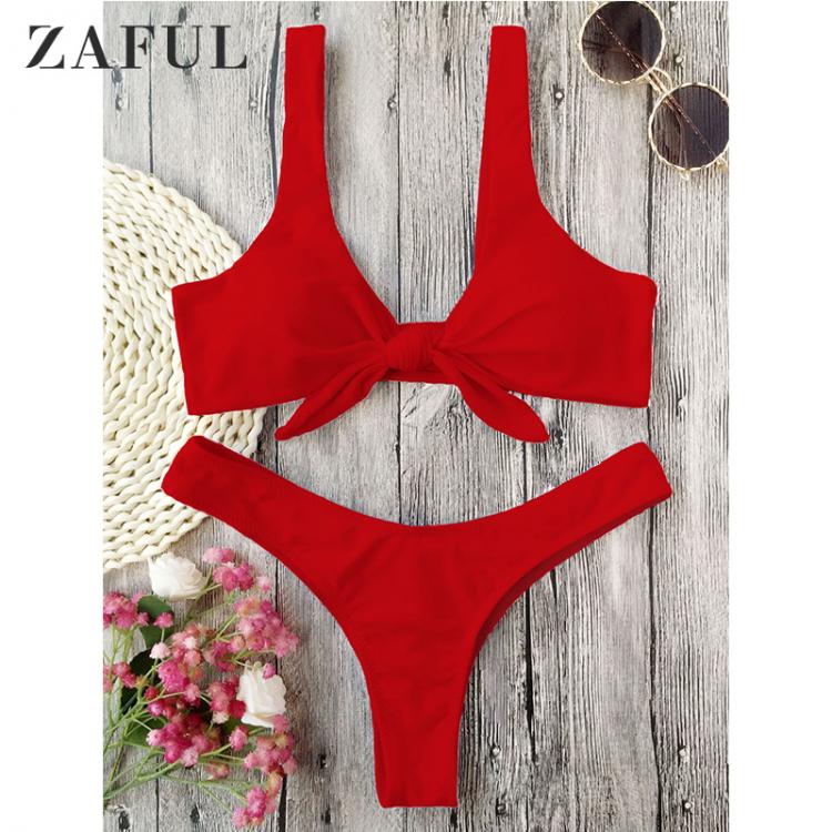 all in one place בגדי נשים ZAFUL Women Sexy Bikini Set Knotted Padded Thong Swimsuit Wire Free 2 Piece Bathing Suit Summer Female Swimming Swimwear