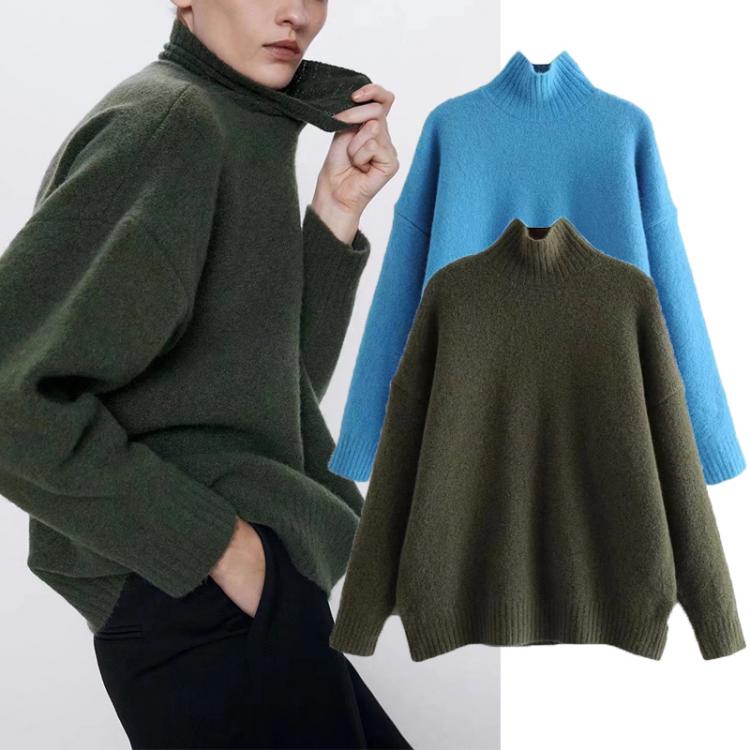 all in one place בגדי נשים ZA Autumn Winter Women Soft Knitted Sweater 2021 High Collar Warm Oversized Pullover Solid Loose Casual Street Outwear Two Color