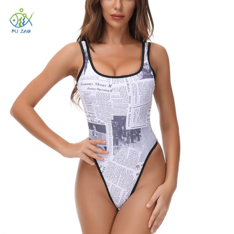 all in one place בגדי נשים Hot Sale! Sexy One-Piece Swimsuit Women's Swimwear 2021 Old Newspaper Print Monokini Square Neck Female Bathing Suit Unique C