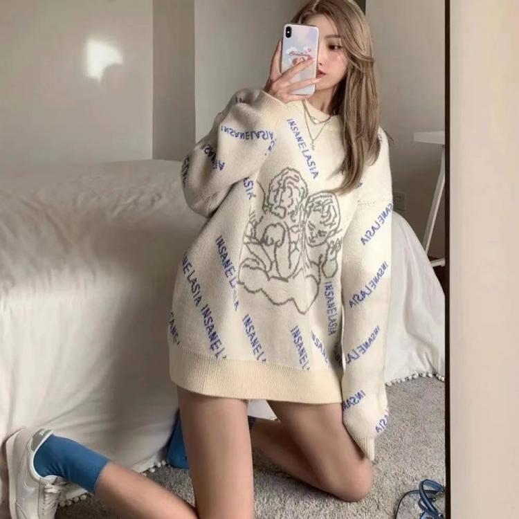 all in one place בגדי נשים Oversized Streetwear Angel Pattern Women'S Sweater Lazy Pullover New Korean version Round Neck Fashion Sweater Women 2021 spr