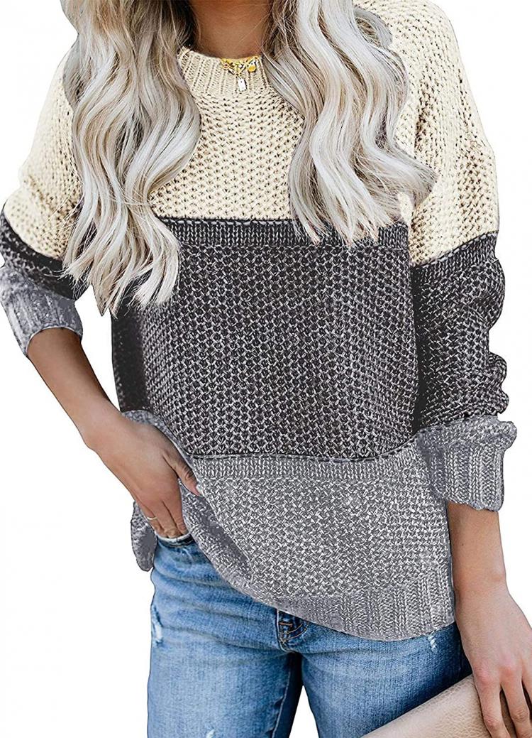 all in one place בגדי נשים MEROKEETY Women's Crew Neck Long Sleeve Color Block Knit Sweater Casual Pullover Jumper Tops