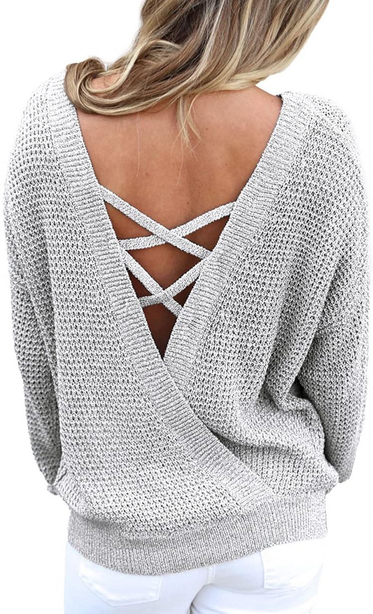 all in one place בגדי נשים Asvivid Criss Cross V Back Sweaters for Women Long Sleeve Crewneck Knitted Pullover Casual Loose Jumper Tops