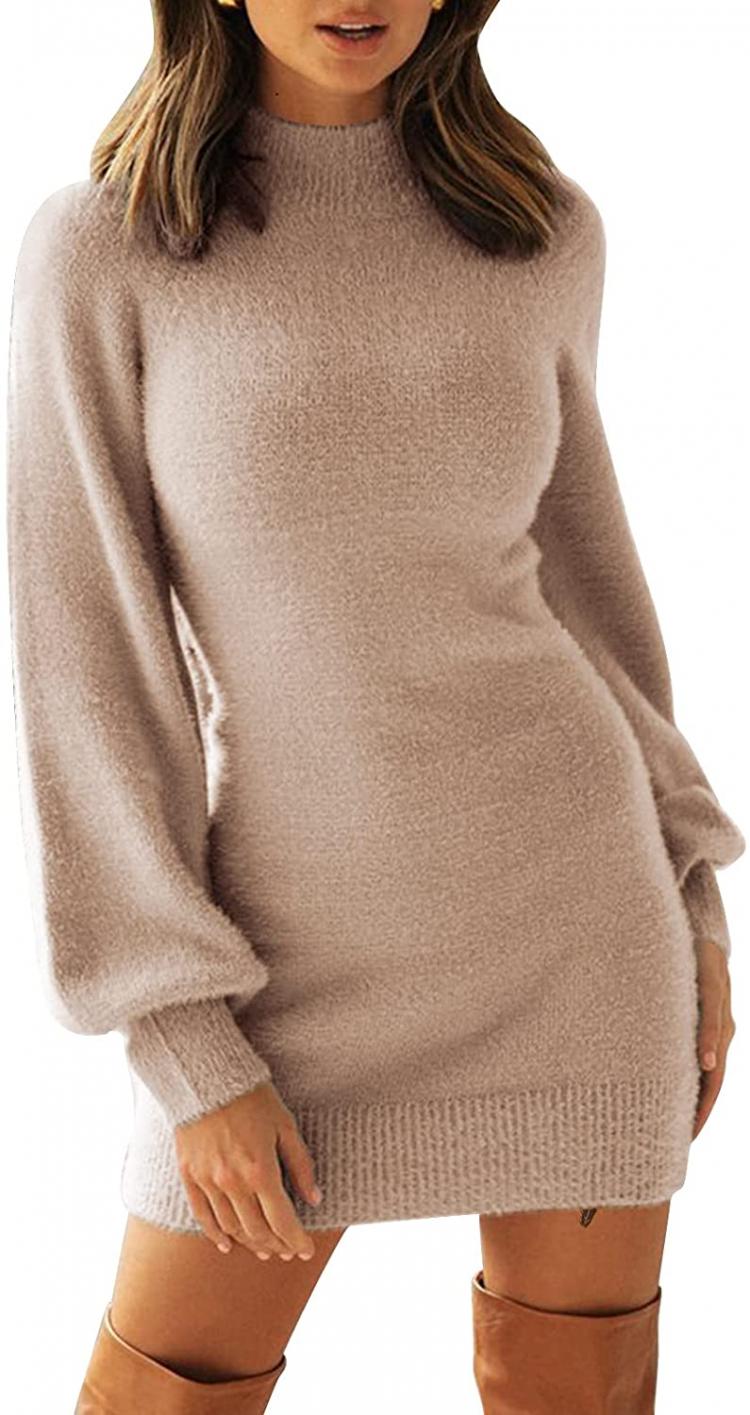 all in one place בגדי נשים EXLURA Women's Mock Neck Ribbed Long Sleeve Bodycon Pullover Cute Mini Sweater Dress