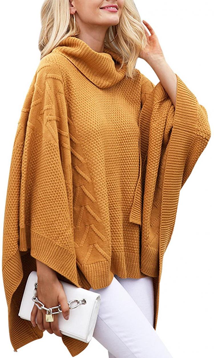 all in one place בגדי נשים BerryGo Women's Chic Turtleneck Batwing Sleeve Asymmetric Knitted Poncho Pullovers Sweater