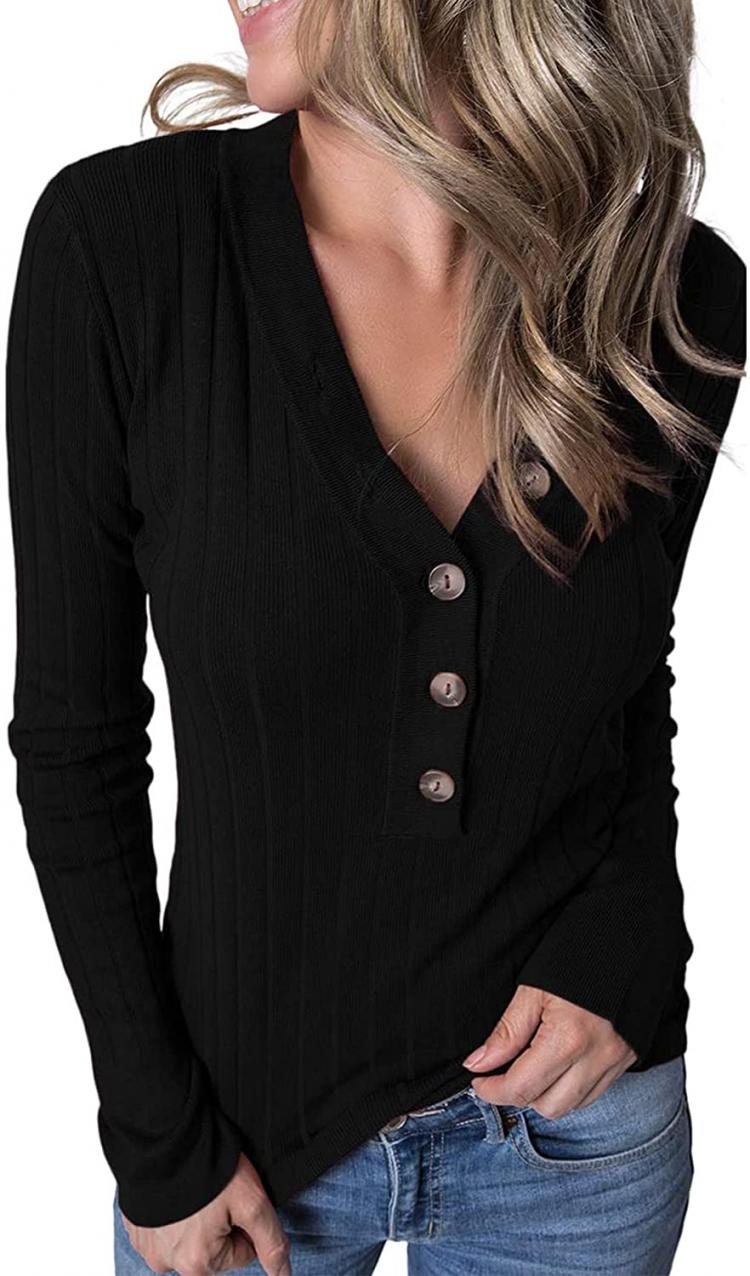 all in one place בגדי נשים MEROKEETY Women's Long Sleeve V Neck Ribbed Button Knit Sweater Solid Color Tops