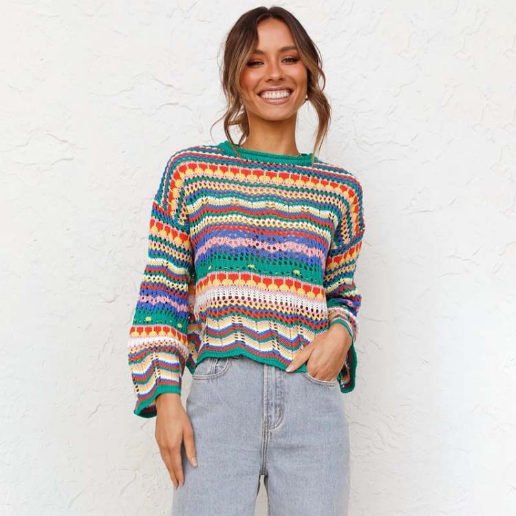 all in one place בגדי נשים Print Knitted Sweater Women Elegant Rainbow Striped Oversized Pullovers Swearters Casual Woman Loose Streetwear Cropped Sweater