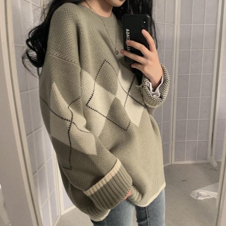 all in one place בגדי נשים 2021 New women Argyle Sweaters diamond-shaped loose retro look thin lazy Hong Kong style sweater women's knit sweater top tid