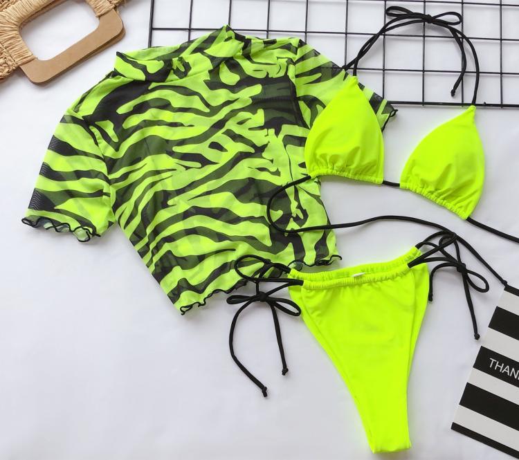 all in one place בגדי נשים 3 Piece Bikini Women Push-up Padded Neon Green Leopard Swimsuit Brazilian Short Sleeve Beach Bathing Suit Thong Swimwear Biquini