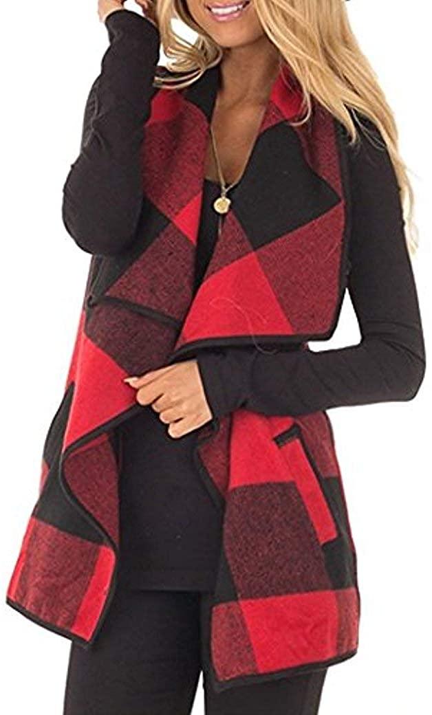 all in one place בגדי נשים Unidear Womens Casual Lapel Open Front Plaid Vest Cardigan Coat with Pockets