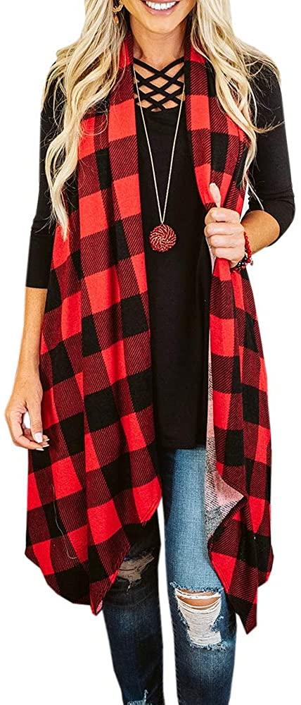 all in one place בגדי נשים Ivay Womens Plaid Open Front Cardigan Sleeveless Drape Lightweight Vest Coat with Pockets