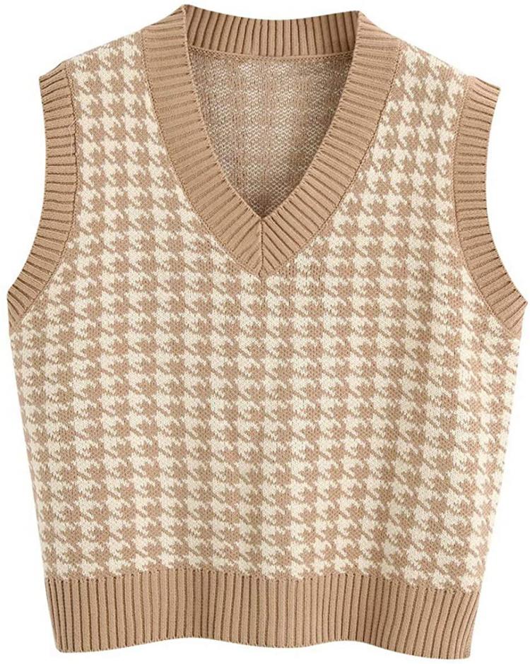 all in one place בגדי נשים Sdencin Women Houndstooth Pattern Knit Sweater Vest Sleeveless Loose V-Neck 90s Waistcoat Pullover Knitwear Top