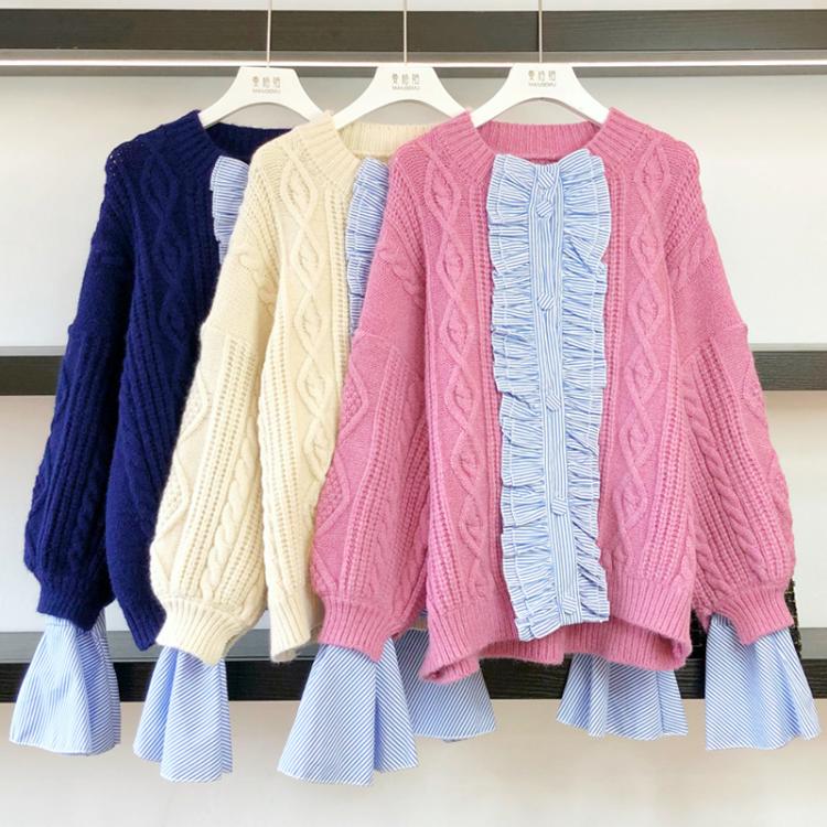 all in one place בגדי נשים PEONFLY NEW Korean Fashion Women Sweater and Pullovers Patchwork Ruffles Knit Jumper Oversize Knit Jumpers Twistted Pull Femme