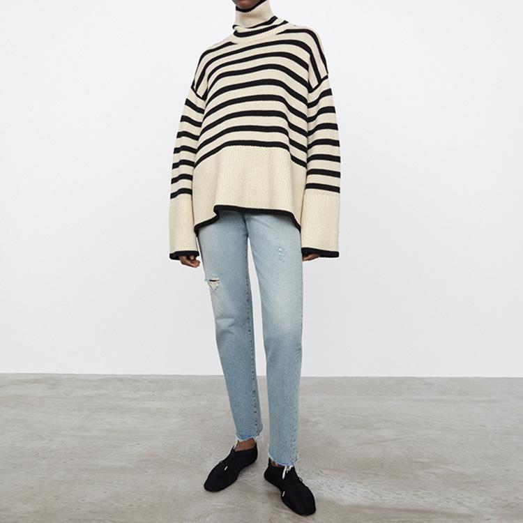 all in one place בגדי נשים Women Sweater 2021 New High Neck Wide Sleeve Striped Sweater Wool Stitching Loose Thick Knit Pullover Top