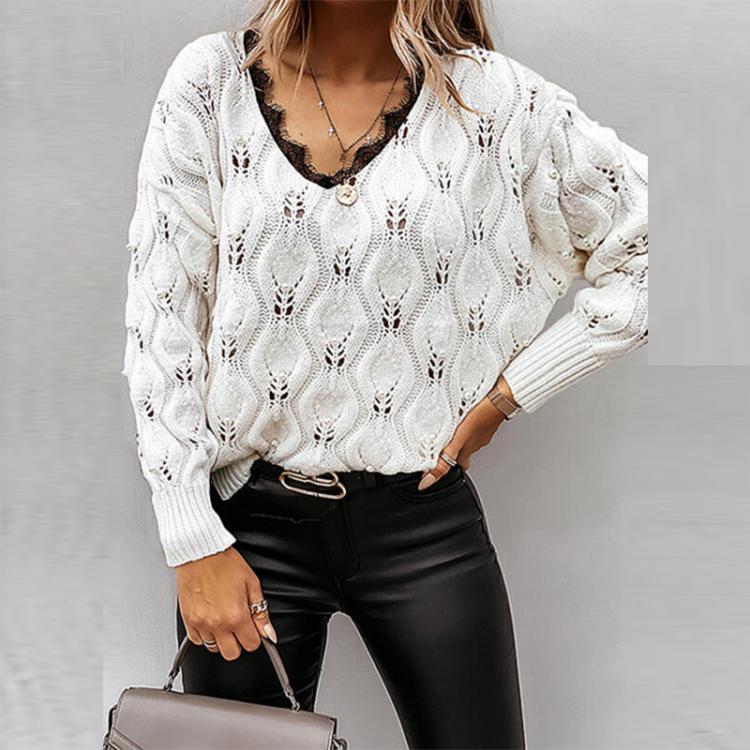 all in one place בגדי נשים Casual V-Neck Patchwork Lace Sweaters Jumpers Women Lace Hollow Out Lady Knitted Sweater Autumn Winter Long Sleeve Tops Pullover