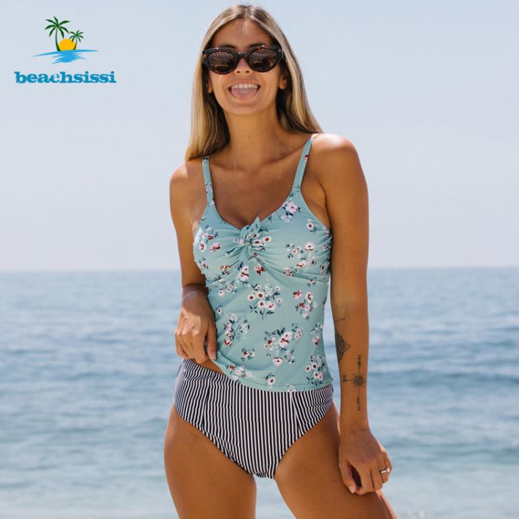 all in one place בגדי נשים Beachsissi 2021 Plus Size Swimwear Women Push Up Swimsuit High Waist Tankini Set Knot Front Halter Two Piece Bikinis Beach Wear